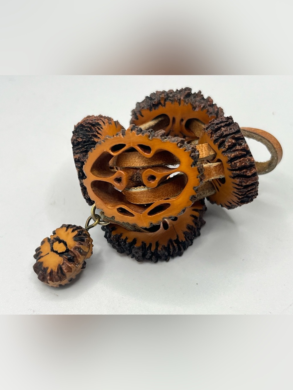 Artisan Carved Black Walnut & Leather Bracelet - Picture 8 of 11
